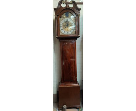 An 18th century inlaid mahogany long case clock with brass mounted swan neck pedestal and turned columns to the head, full le