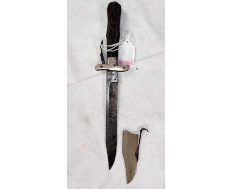 A 19th century folding hunting/combat knife stag horn sides, nickel mounts and blade sheath, marked T.M.W. No 18 25cm open 