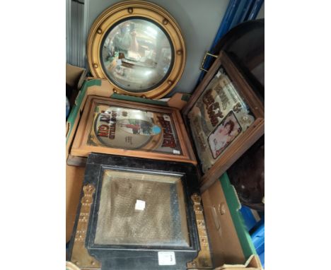 An oval Georgian style mahogany tray; a convex gilt hall mirror; 3 modern pub mirrors etc 