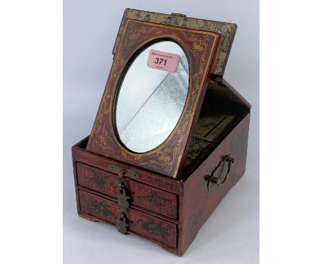 A Chinese red lacquer vanity box with internal hinged mirror and 2 drawers below.&nbsp;&nbsp;In good condition.