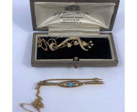 An ornate bar brooch set seed pearls, stamped '9ct'; a yellow metal bar brooch set seed pearl and turquoise, unmarked 