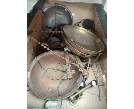 Two pairs of hanging balance scales; etc. 