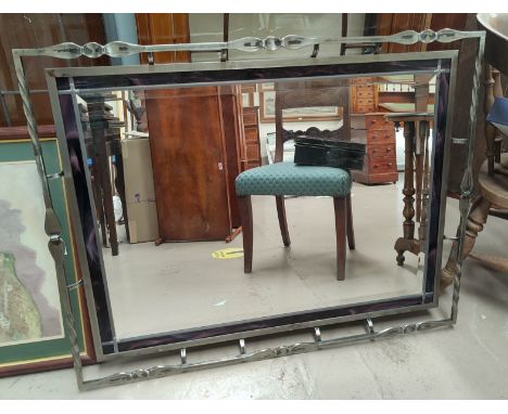 a large heavy metal and stained glass frame bevel edge mirror, 93 x 67cm 