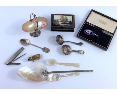 A Mother of Pearl and hallmarked mounted salf and hallmarked tea strainer, a brass pig vesta and other similar items 