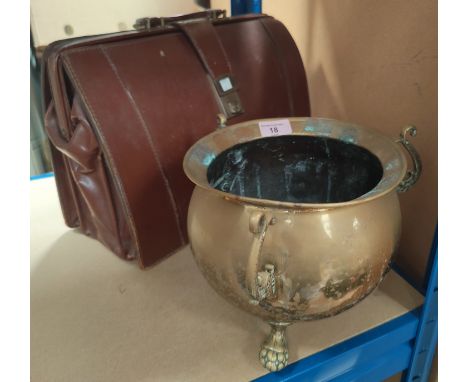 A brass cauldron on 3 paw feet, diameter 22cm; a walnut nutmeg grinder &amp; a brown briefcase. 