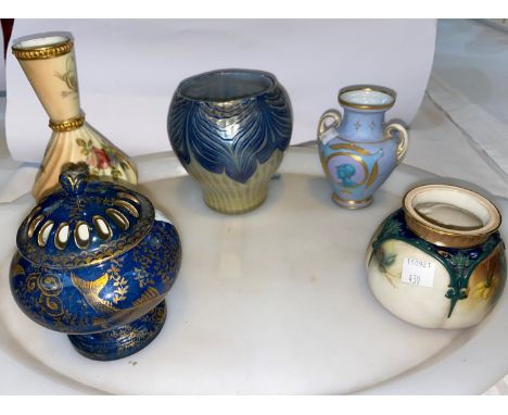 Three Royal Worcester small vases (1 with rim chip); a gilt and blue lustre potpourri; an Art Glass bulbous vase in iridescen