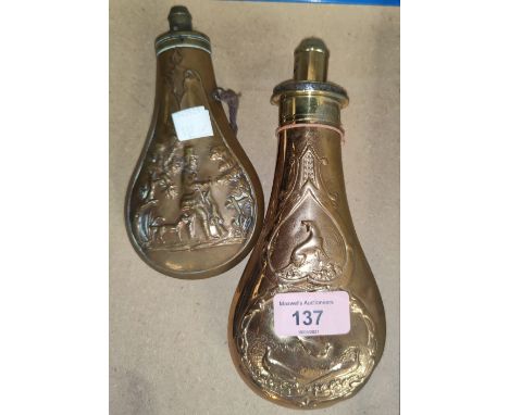 A Victorian brass powder flask embossed with game, J.Barlow Patent, 20cm and another 