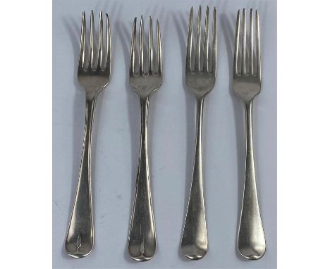 Three hallmarked silver dinner forks, Old English pattern, London 1827 &amp; 1831 9.5 oz; a similar fork (marks worn) 