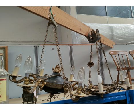 A mid 20th century pair of 6 branch centre light fittings, bronzed with ornate brass mounts; a similar smaller light fitting 