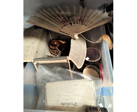 A painted fan; a boxed geometry set; old documents; opera glasses; etc. 