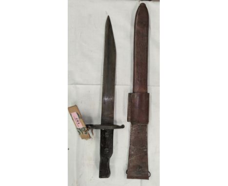 A Canadian Ross pattern Bayonet c.1910, leather scabbard; blade 25cm. 