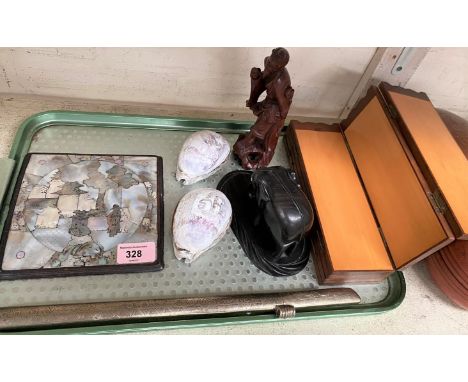 A 19th century Chinese inlaid mother-of-pearl plaque + other items.&nbsp; Plaque generally ok.