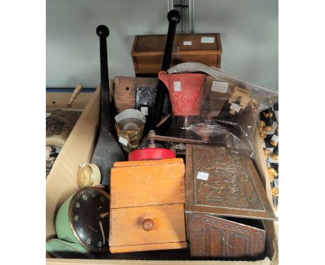 A selection of collectables:  a coffee grinder; musical box; vintage tin; Indian clubs; etc. 