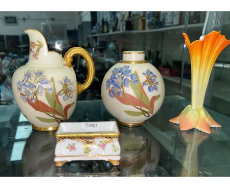 A Royal Worcester porcelain ivory ground gilt highlighted jug decorated with flowers 1094; a similar globular vase numbered 3