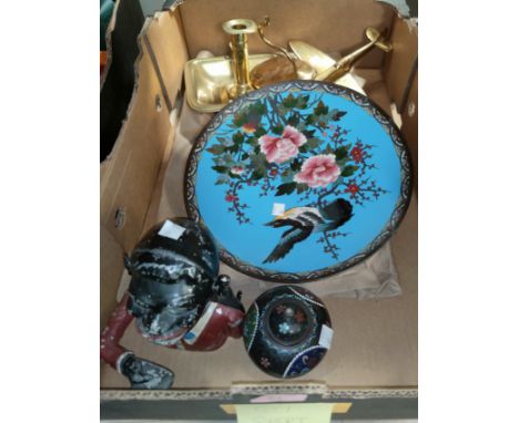 A cloisonné circular plaque decorated with bird and cherry blossom against a sky blue ground, diameter 30 cm; a small cloison