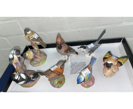 Two Royal Worcester groups of birds 'Coal Tits &amp; Pied Woodpeckers' thre other Royal Worcester birds (2 a.f) and two goebe