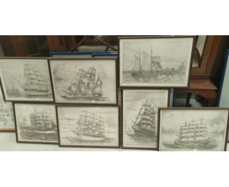 7 framed prints after K. Kirby, of pencil sketches of the Mersey, 25 x 38cm 