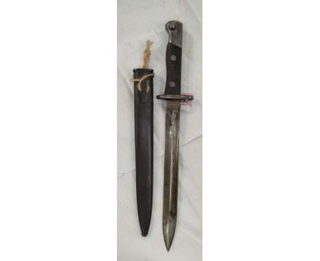 A Far Eastern Bayonet, probably WWII era, wood sides to handle, steel Scabbard; blade 25cm. 