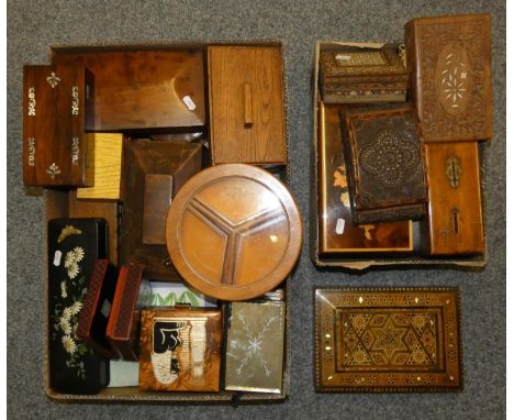A Victorian mahogany tea caddy lacking interior, an Anglo Indian inlaid musical box, an Italian musical box and a large selec