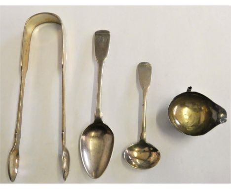 A George III silver teaspoon, York 1818, a Georgian Irish mustard spoon, a Victorian pair of silver sugar tongs and a toddy l
