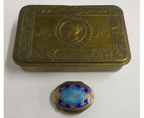A Queen Mary Christmas 1914 tin together with an Italian silver and enamel pill box (2). 