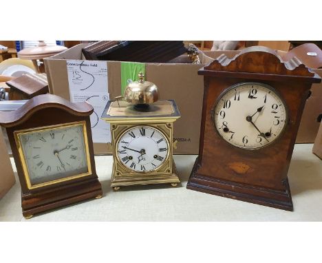 A Comitti of London mahogany mantle clock, lacking movement, a Franz Hermie, German brass mantle clock with exposed bell and 