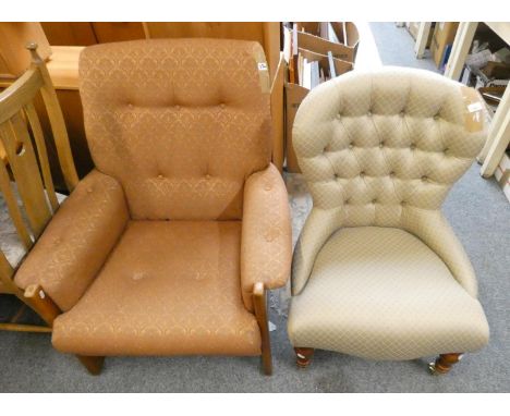 A button back nursing chair in beige/silver fabric together with a button back armchair (2). 