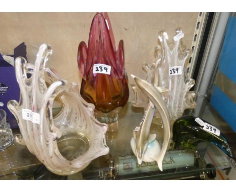 A Hungarian 'Hollohaza' model of sturgeon, a glass bear, pair of glass baskets and a cranberry glass vase (5). 