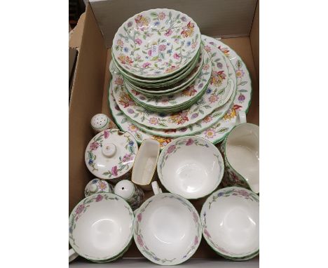 A Minton Hadden Hall tea service for 6 place settings, tea cups, saucers, side plates, 4 serving plates and other wares. 