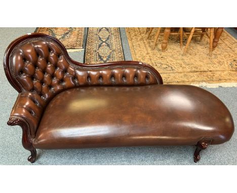 A brown leather button back chaise lounge 170 cm wide. 