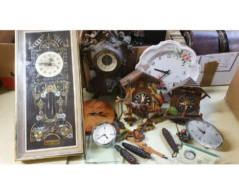 A Kersh of London watch parts quartz wall clock, two cuckoo clocks, various quartz carriage clocks and other clock (2). 