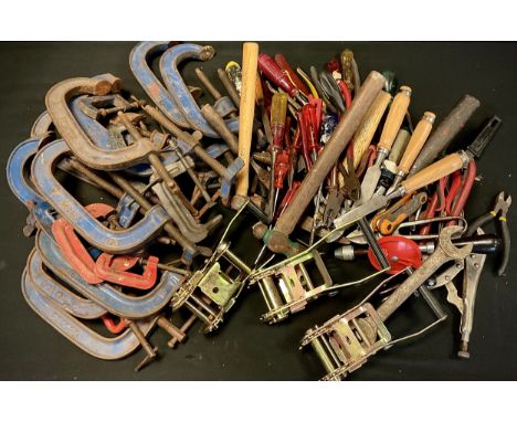 Tools - a large quantity of G-clamps, graduated sizes from 16.5cm to 6cm;  Ratchet tie-down buckles;  hammers, pliers, manual