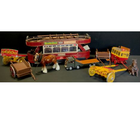 A Scratch build wooden model Bradford open top Tram, advertisings for Bovril, Birds Custard, Colman's Mustard, Paxo etc 29cm 