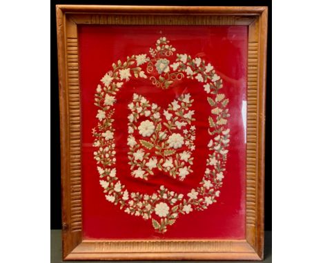 An Edwardian embroidered panel, flowering stems of white Hawthorn and peonies, 60cm x 46cm, c.1910. 