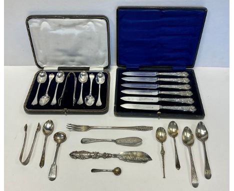 A set of six tea spoons and tongs, Sheffield 1925, cased,  others George II and later spoons, sugar tongs, pickle fork etc, a