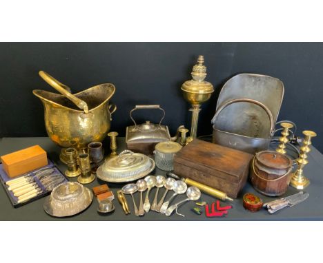 Boxes and Objects - a planished brass coal scuttle, electric oil lamp, pair of candlesticks, novelty nut cracker, Victorian w