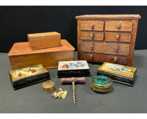 A trio of Russian lacquered cigarette boxes, Wintry landscapes, Horse and carriage etc;  small chest, four short over two lon