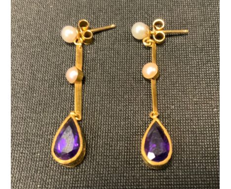 A pair of seed pearl and amethyst drop earrings, bar drop links set with two cream seed pearls above a pear drop amethyst ter