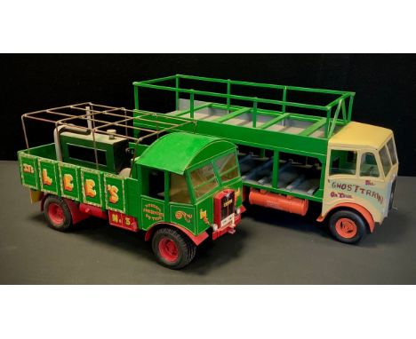 A Scratch built wooden model Aitkinson Fairground wagon, The Ghost Train on Tour, green cream and orange, 28cm high, 62cm lon