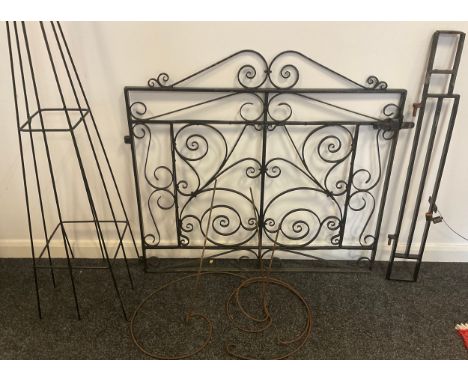 A wrought iron garden gate and pillar support, 104cm wide, 99cm high, pillar 16.5cm wide;  pyramid growth cage, etc 