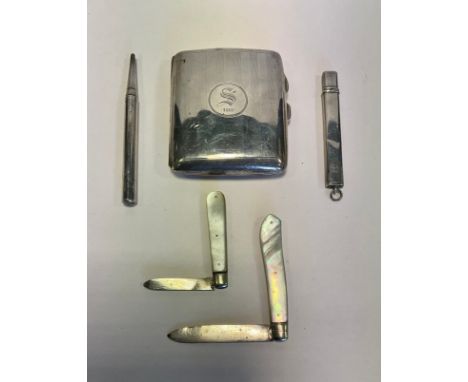 A silver cigarette case, Birmingham 1917, folding fruit knife, mother of pearl handle, 1898, another smaller 1901,  silver ca
