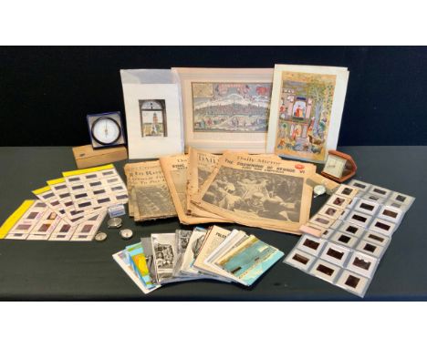 Boxes &amp; Objects - mid 20th century West German compass;  others;  Metallic Thermometer, 1930s and later Newspapers, postc