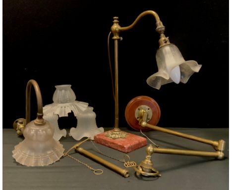 Lighting - a brass gaslight converted to a table lamp, rouge marble plinth, 44cm high, floral frosted shade;  a folding wall 