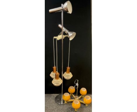 Lighting - a two branch spotlight standard lamp, 154cm high, a retro five-branch retro light fixture, orange shades; other (3