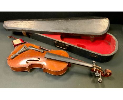 A violin, the one piece back 33.5cm long excluding button, 55.5cm long overall, cased 