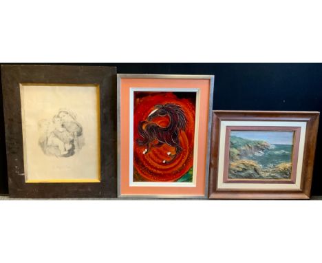 French school, 19th century, ‘ Madonna Della Seggiola’ pencil sketch, dated 1884;  others, prancing horse, mixed media,  and 