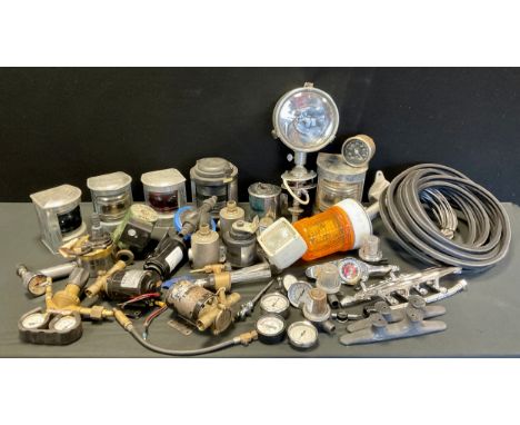 Nautical interest etc - Ship port, starboard, and stern lights;  pumps, temperature and pressure dials;  sliding vane pump;  