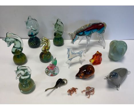 Art glass - a group of five Mdina Horse-head paperweights, the largest measuring 16cm high;  a Murano Sommerso donkey, deep r
