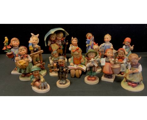 A collection of seventeen Goebel/Hummel figures inc Girls with Chicks, Little Hiker, Toothache, Tooting the Horn, seated with