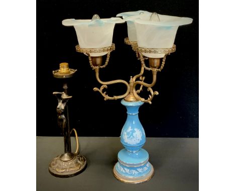 Lighting - a blue three branch lamp, with marbled blue shades, 47cm high, art nouveau style lamp as naked women standing, 32c